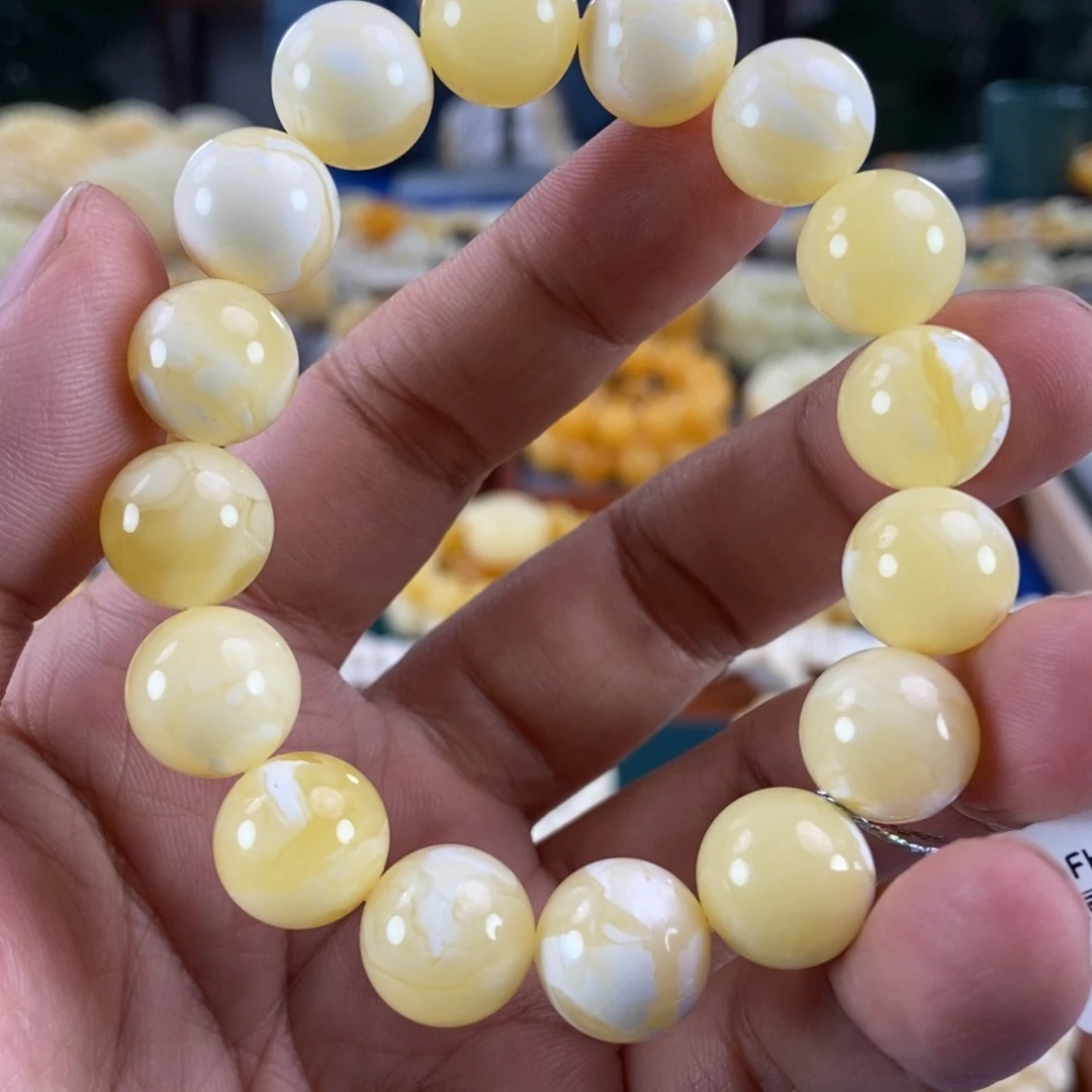 琥珀未镶嵌珠宝奇石13瓷白花蜡圆珠手串20.18