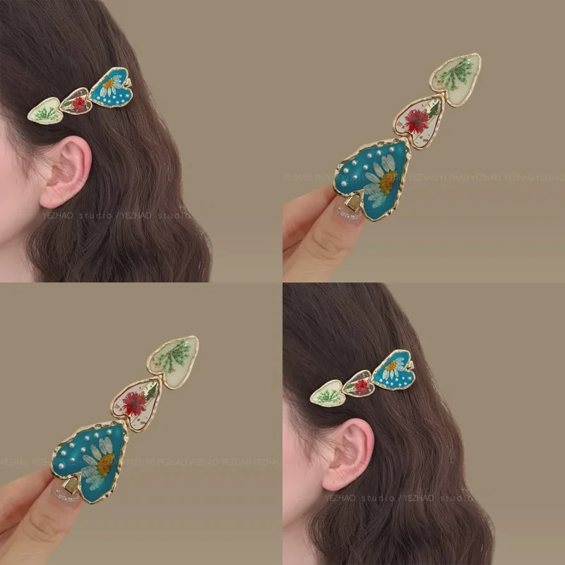 韩系氛围感~珐琅干花发夹韩国复古永生花爱心珍珠鸭嘴夹ins甜美