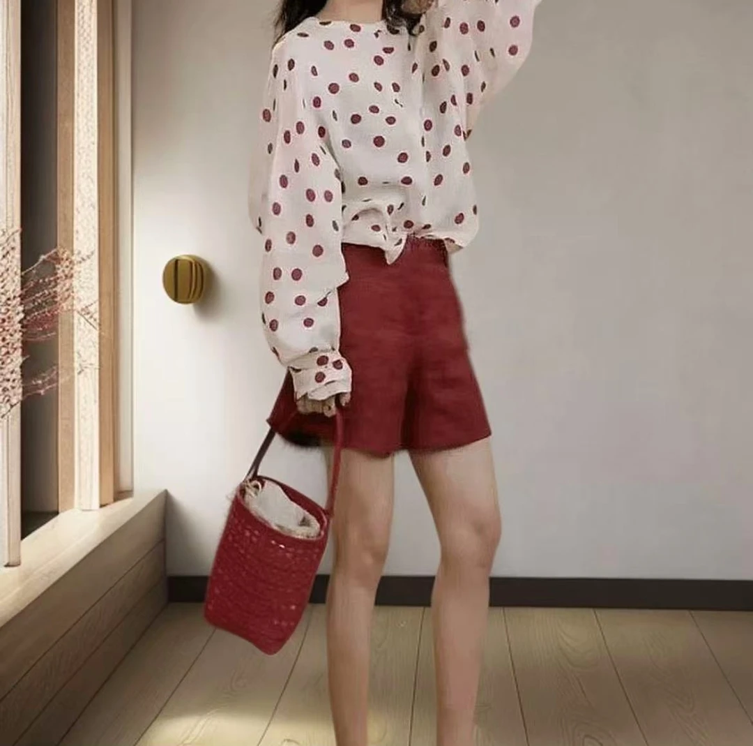 2025新款夏季洋气波点娃娃衫宽松衬衫时尚百搭纯色亚麻短裤两件套