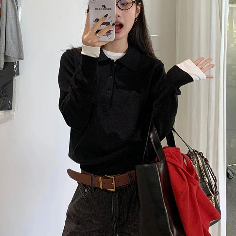 春秋小众通勤lulu风长袖秋季显瘦翻领毛针织衫常规