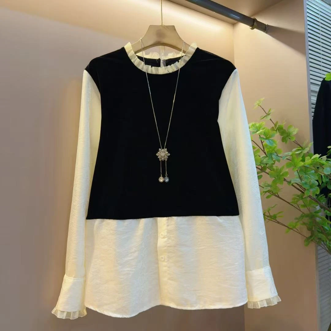 秋季新款设计百搭时尚拼接圆领花边显瘦女装上衣（长66左右）