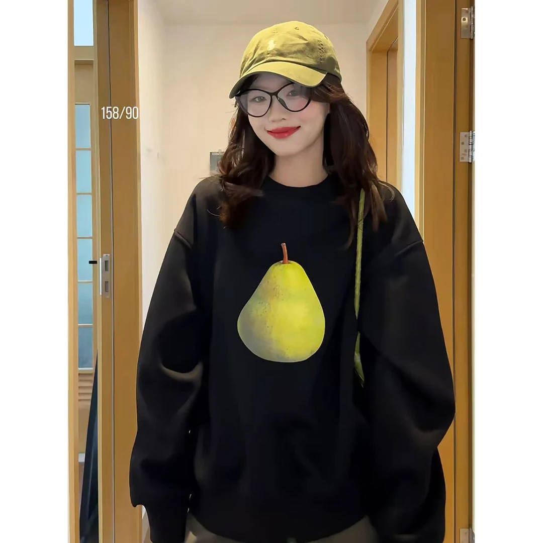 美式简约小众水果印花圆领卫衣女秋冬季新款宽松情侣黑色外套上衣