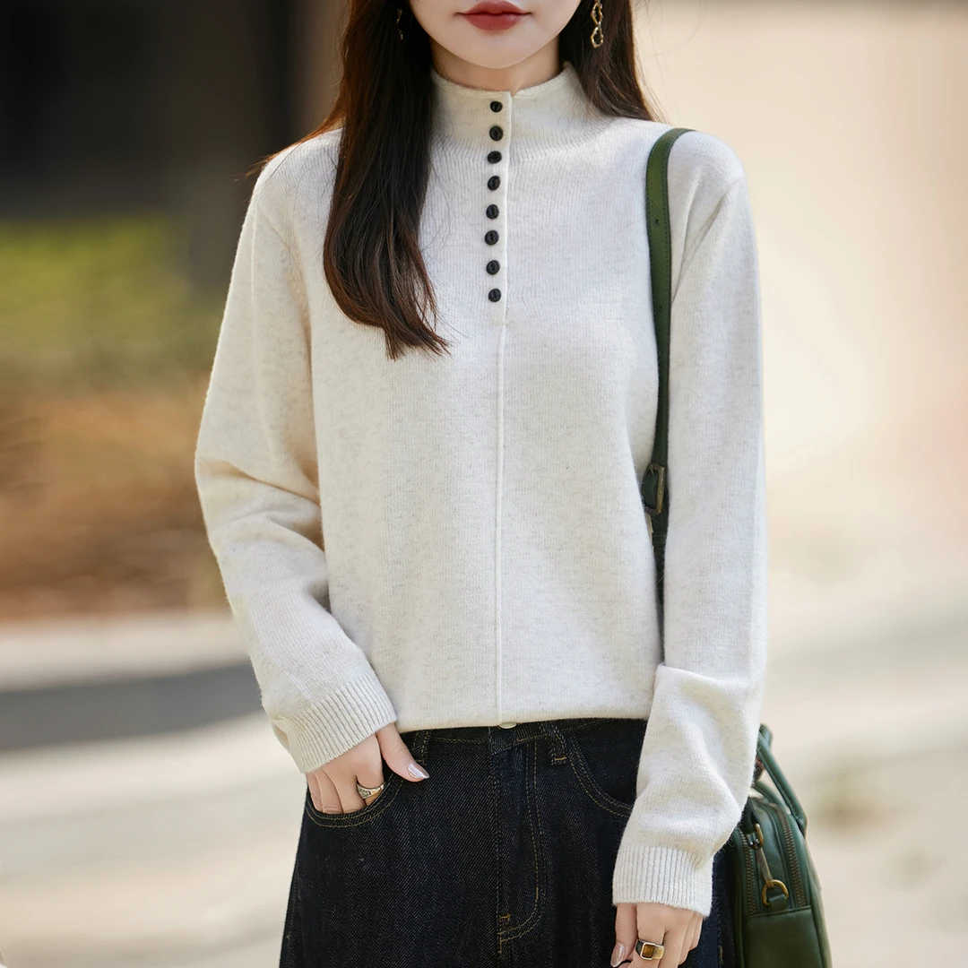 哥弟阿玛施官方秋冬洋气纽扣半高领羊毛针织衫时尚简约百搭打底衫