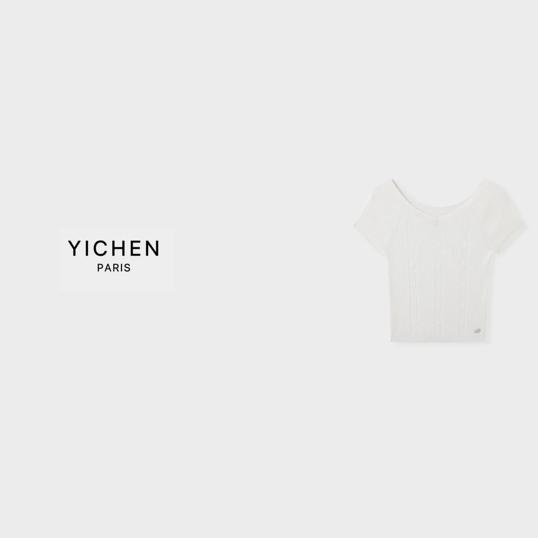 YC 珍珠白立体提花修身一字肩针织短袖-6241