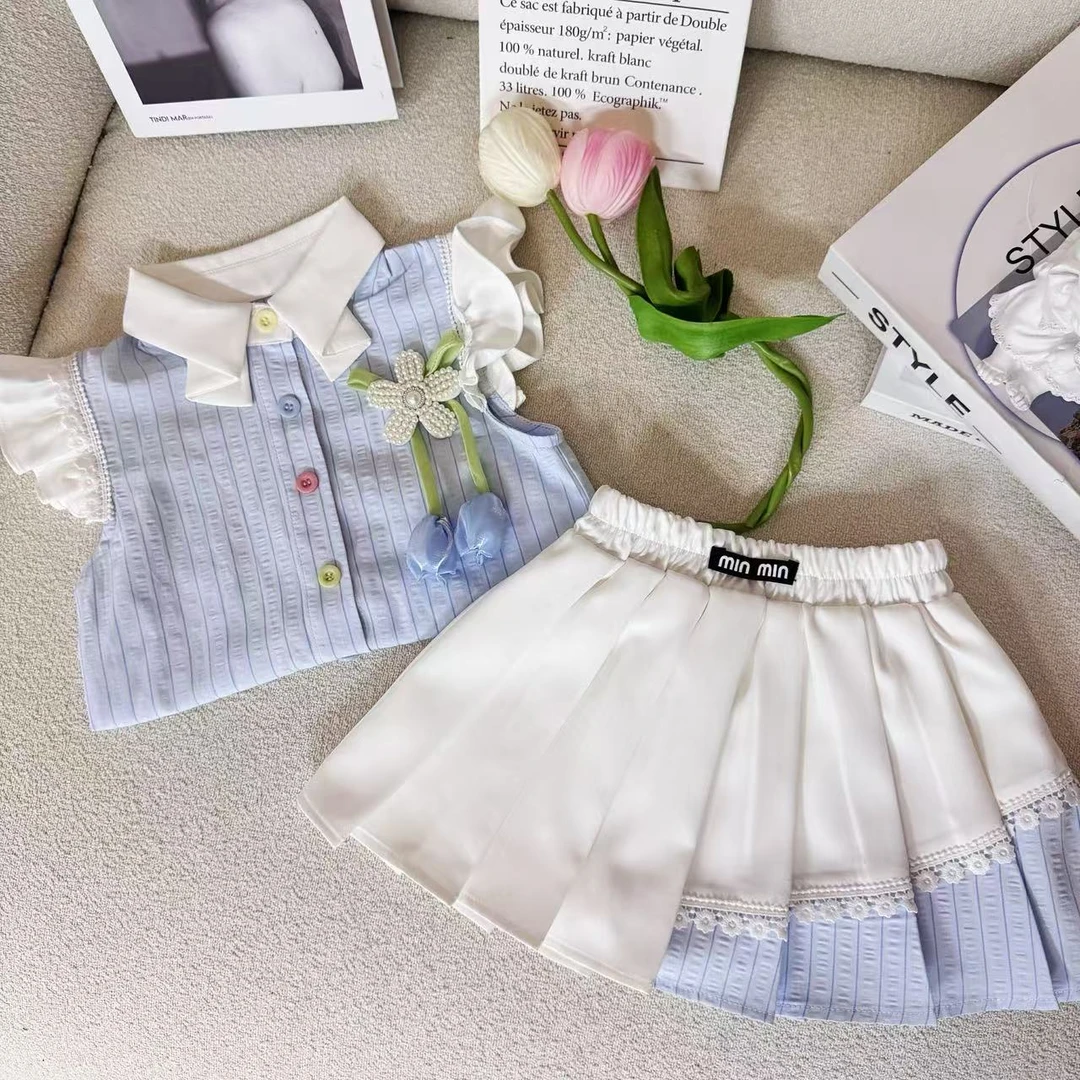 女童夏季套装2025新款儿童甜美胸花结短款T恤花苞裤