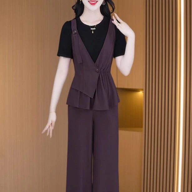 2025夏季上衣+长裤拼接时髦洋气高级感休闲美丽优雅气质两件套