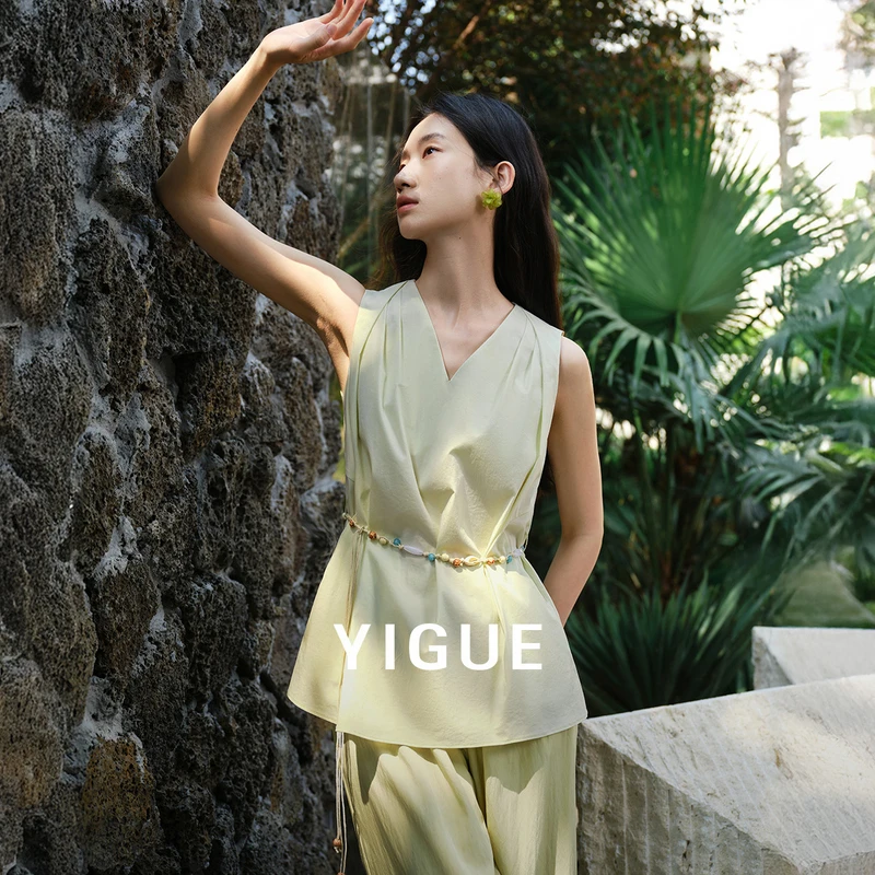 【新东方】亦谷v领无袖女2025夏季新款串珠腰带气质上衣G5SAS485