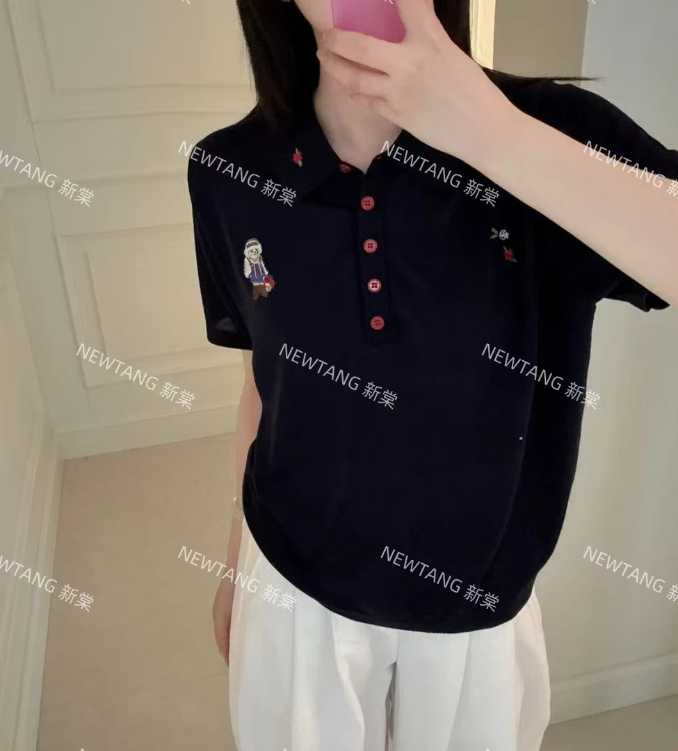 【恋爱小熊】31夏新款时尚短袖慵懒红扣百搭女上衣