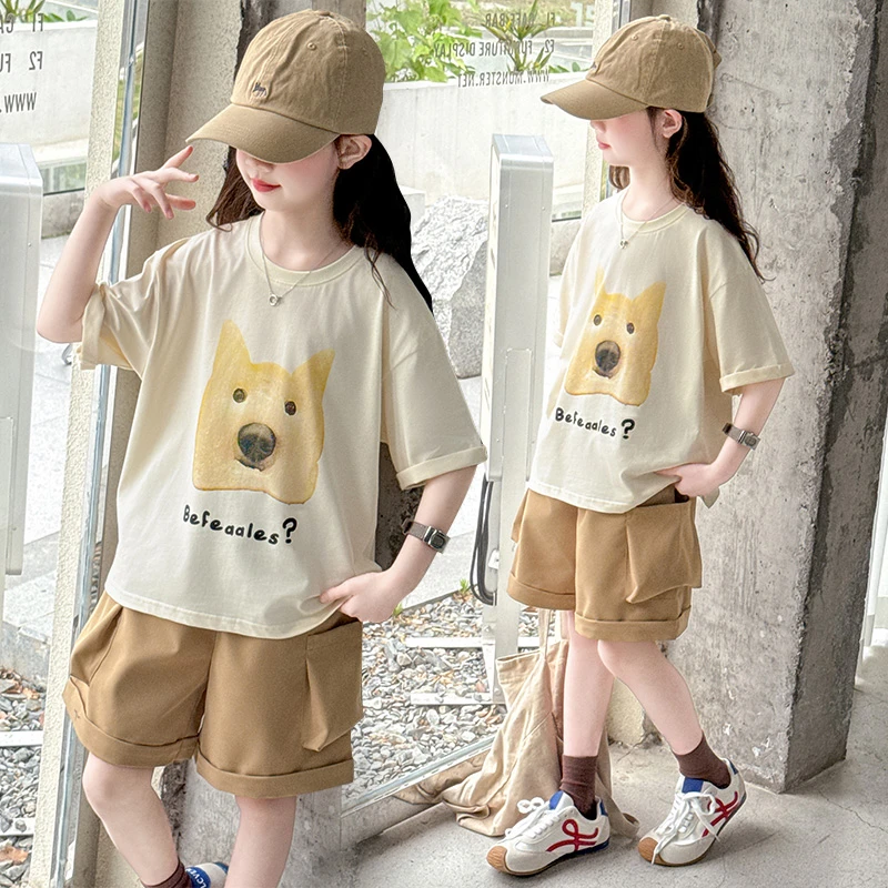 女童夏季短袖韩版卡通短袖套装2025新款中大童休闲夏季网红洋气