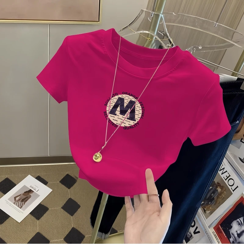 短款玫红色修身短袖t恤女