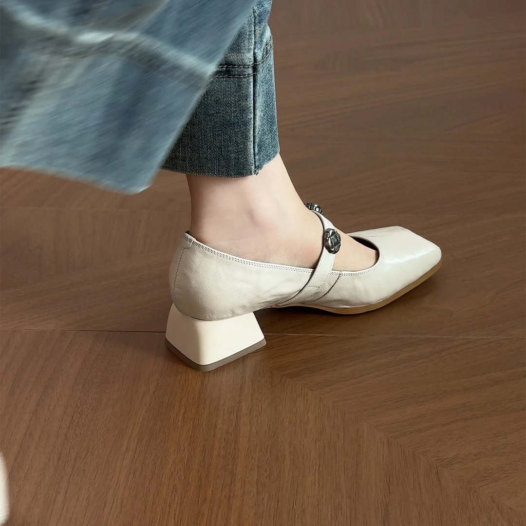 4cm/ED2427羊皮法式单鞋女浅口方头粗跟百搭复古玛丽珍鞋真皮中跟
