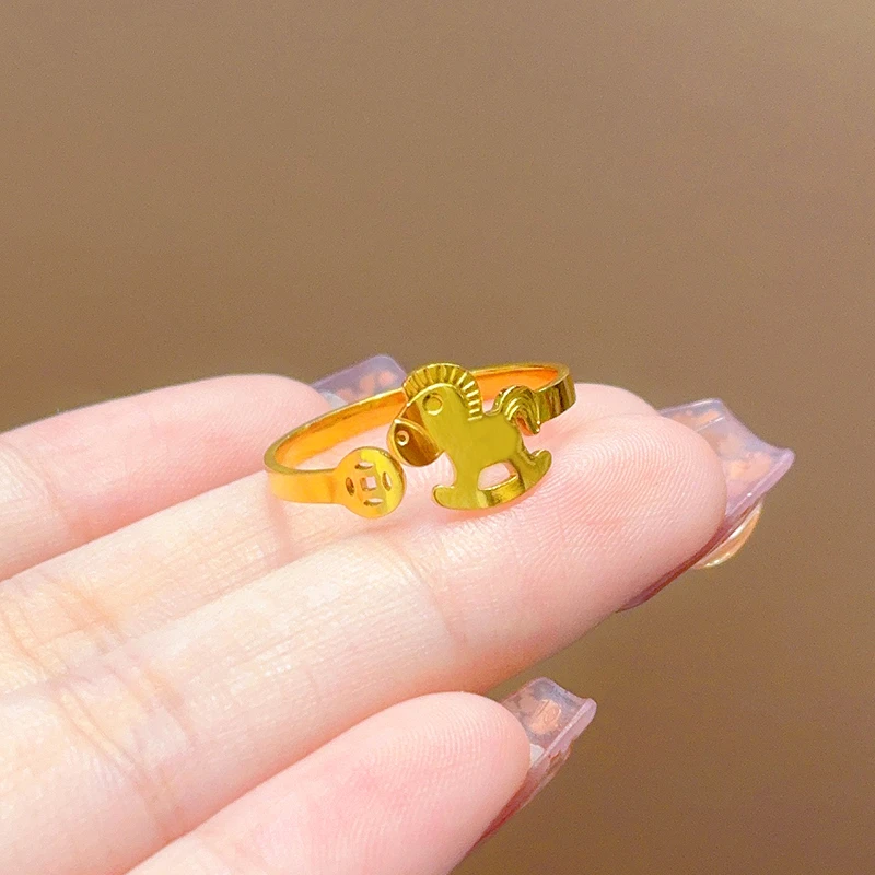 钛钢戒指 新中式马上有钱铜钱戒指小众设计本命年百搭开口指环