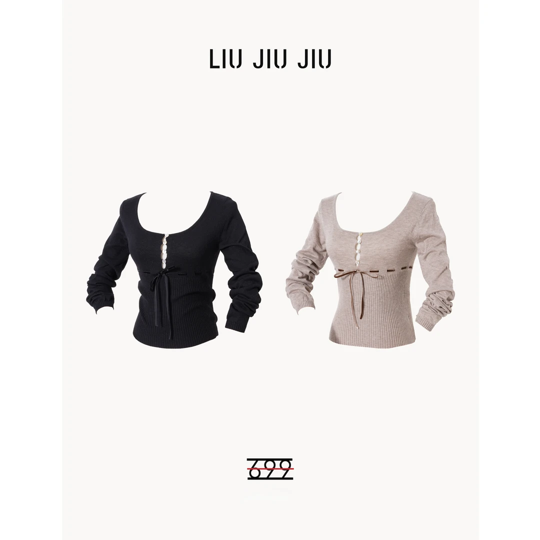 LIUJIUJIU 韩版小众U领绑带收腰蝴蝶结设计纯欲风针织上衣SY4834L