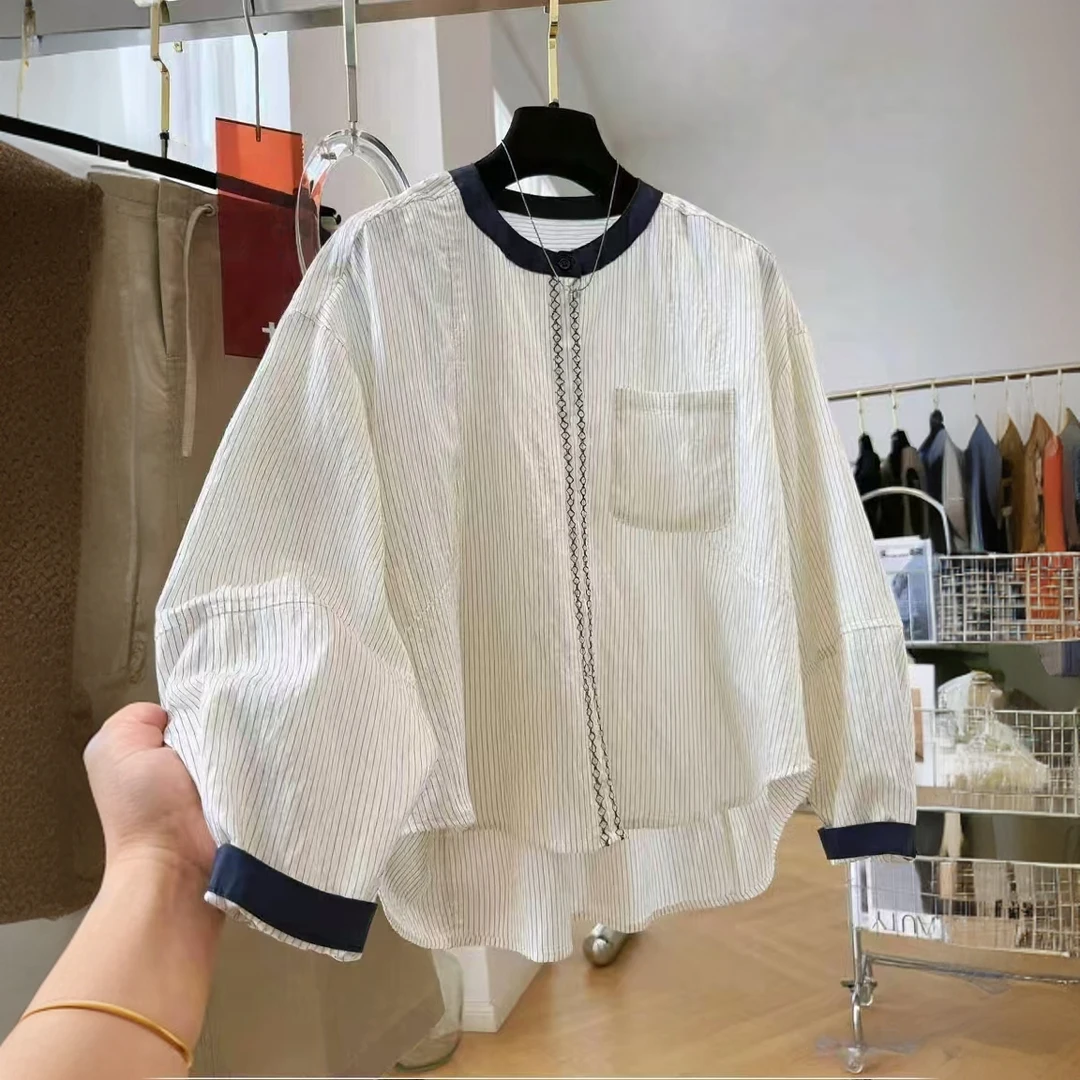 1368拼色刺绣条纹龟背衬衫秋季新款时尚百搭休闲显瘦女士