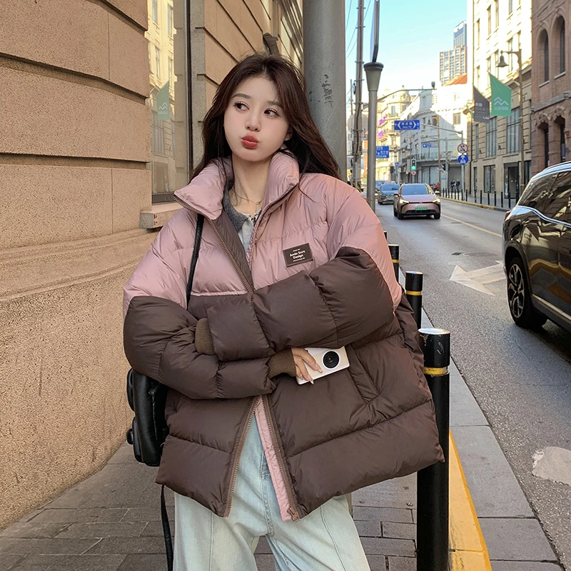 拼色立领短款羽绒服女冬季保暖加厚新款90白鸭绒小个子面包服外套