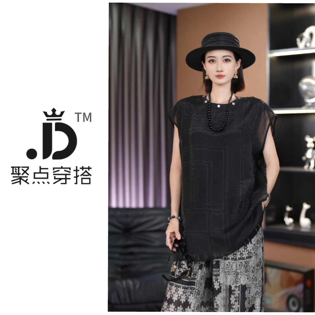 JUDIAN-【一物空间】复古圆领拼接几何印花宽松上衣8jd141859