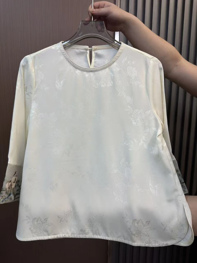 【梅花仙鹤】桑蚕丝秋季新款圆领新中式重工刺绣七分袖上衣衬衫