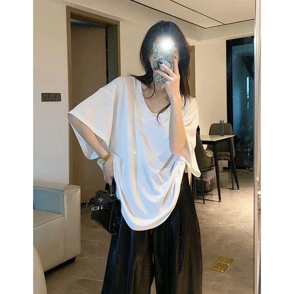 松弛感慵懒风宽松大V领口纯白色基础款大码短袖T恤上衣女夏季