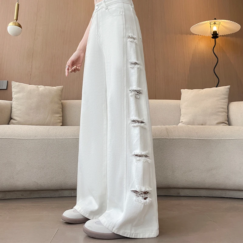 白色破洞牛仔裤女款爆款2025年新款高腰显瘦设计感直筒宽松阔腿裤