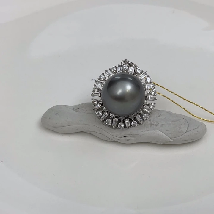 海水珍珠颈饰银S925镶嵌铂金灰吊坠12-13mm