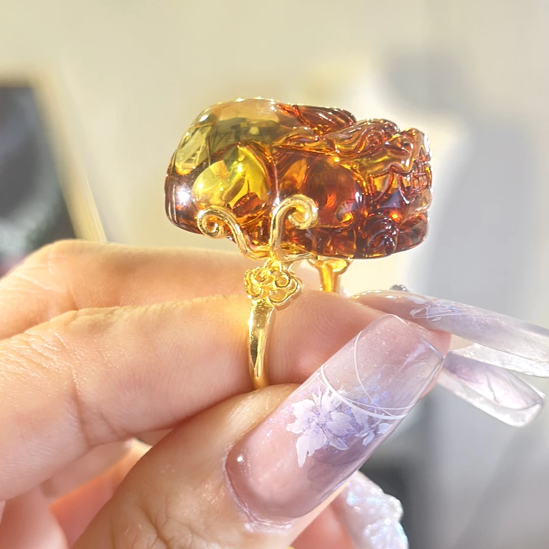 美创珠宝天然原矿琥珀俄罗斯花珀貔貅戒指