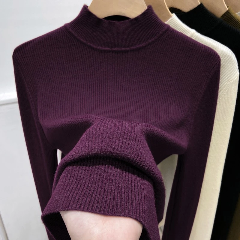 欧货半高领针织打底衫女秋冬洋气修身内搭软糯羊毛百搭厚款长袖女