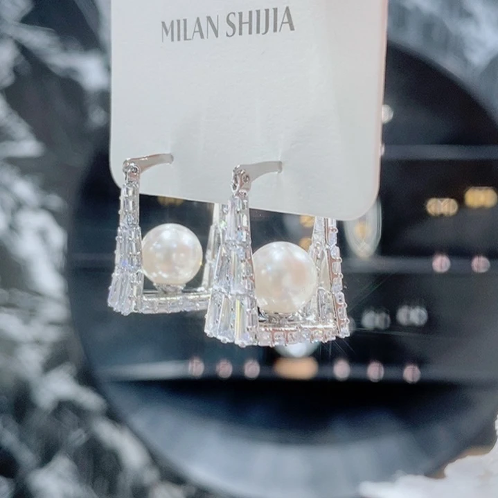 铜合金仿珍珠耳饰 新款高版珠珠锆石耳扣耳圈