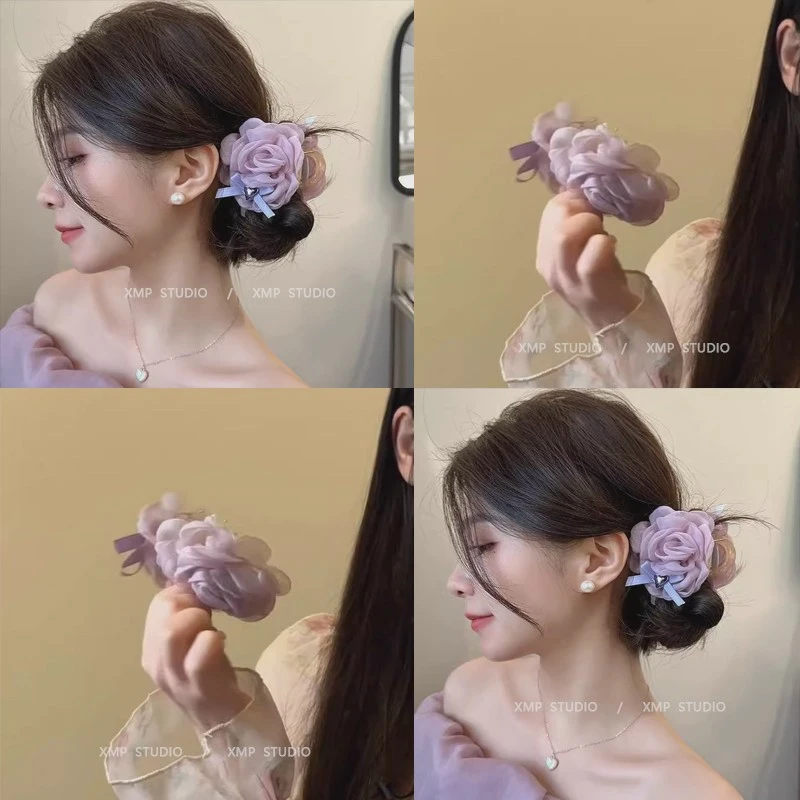 甜甜如约！法式玫瑰花发夹！后脑勺半扎发鲨鱼夹唯美抓夹2025女