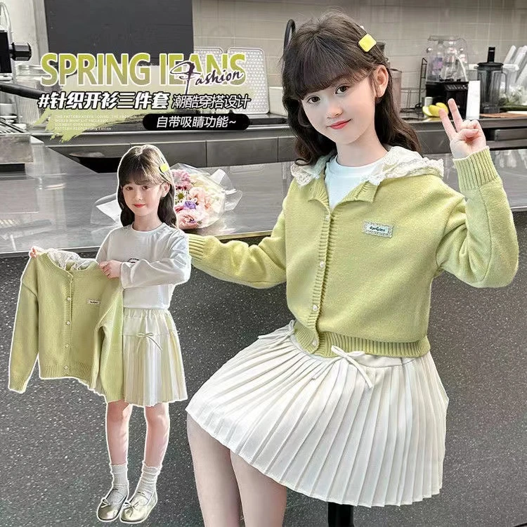 409女童针织开衫百褶裙两件套（开衫+百褶裙）