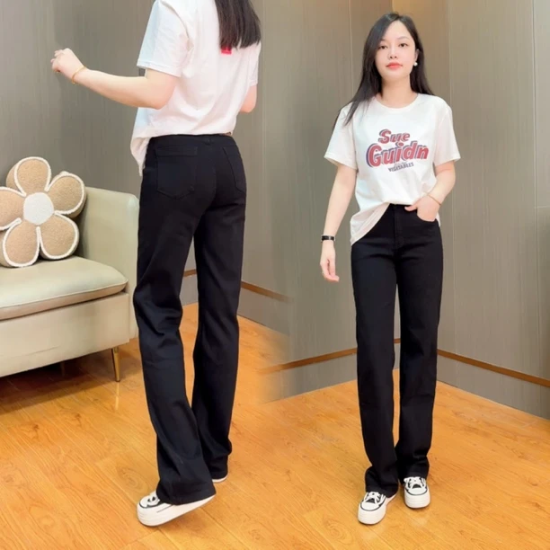 御妍婷黑色直筒牛仔裤中腰高弹力窄版阔腿裤女气质百搭长裤子9989