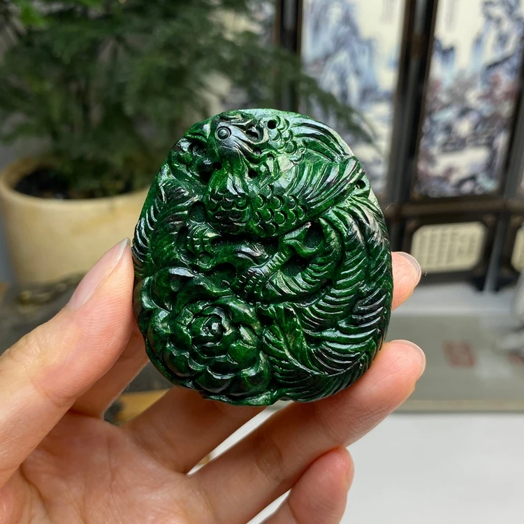 毛货 老料满绿辣色凤朝牡丹挂件 天然翡翠A货
