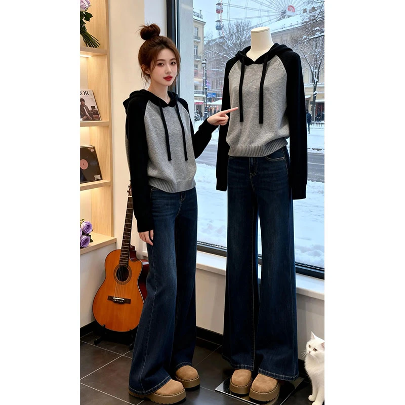 兹伊翰【风玲绵绵】时尚撞色连帽针织衫女士2025冬季新款慵懒风毛衣