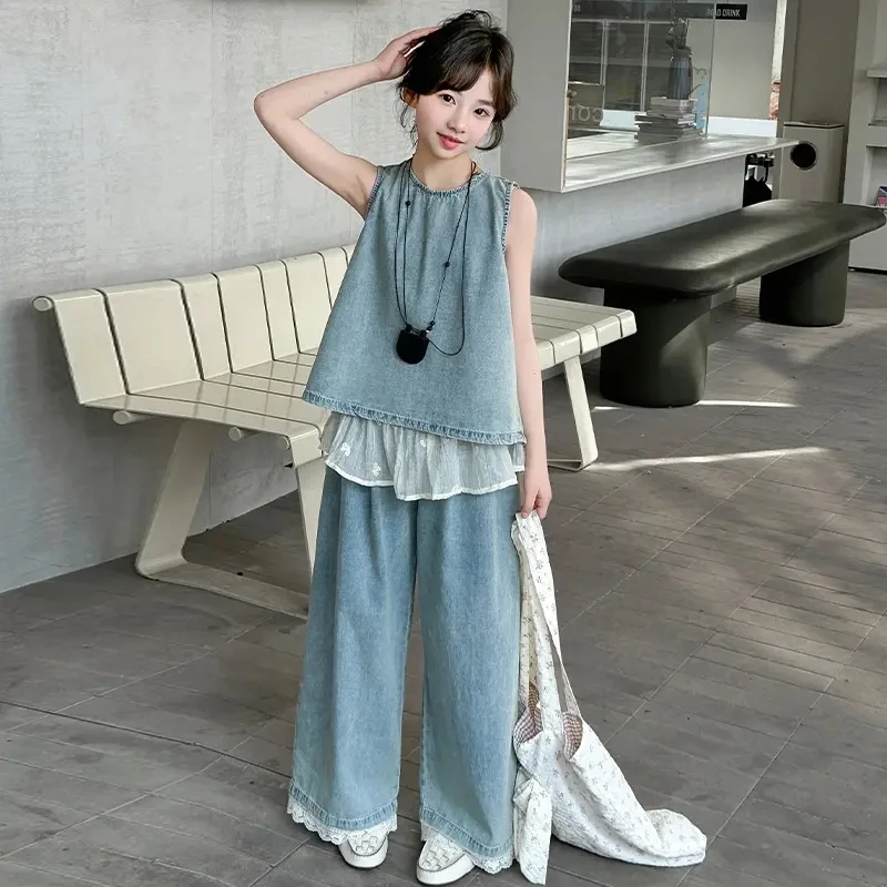 女童夏装套装2025新款中大童夏季洋气时髦牛仔两件套女孩网红潮