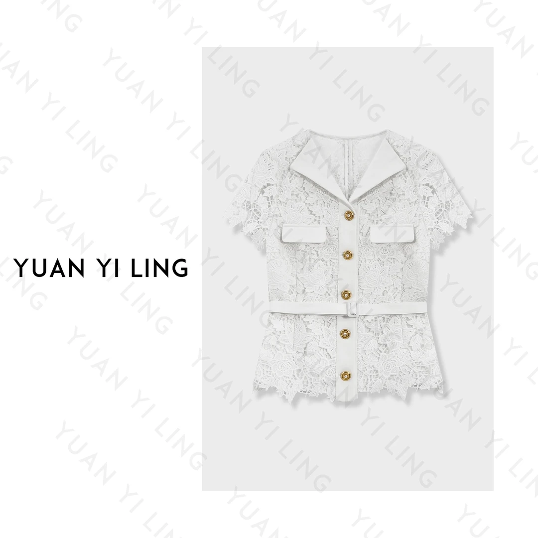 袁艺灵【巴黎诗集】25夏季上新白色水溶蕾丝花卉金扣醋酸腰带女上衣