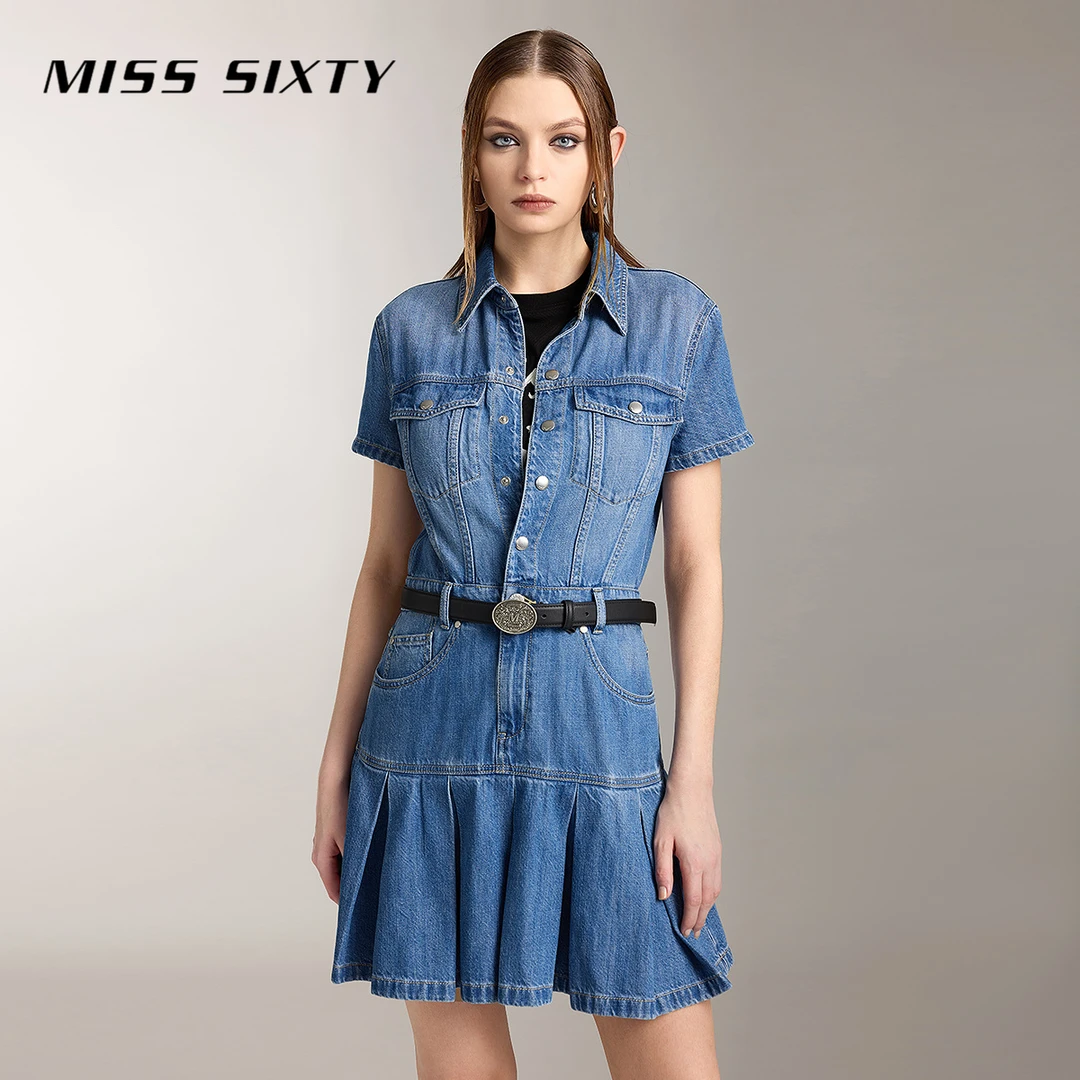 Miss Sixty秋季新款牛仔连衣裙女含天丝百褶边单排扣复古风