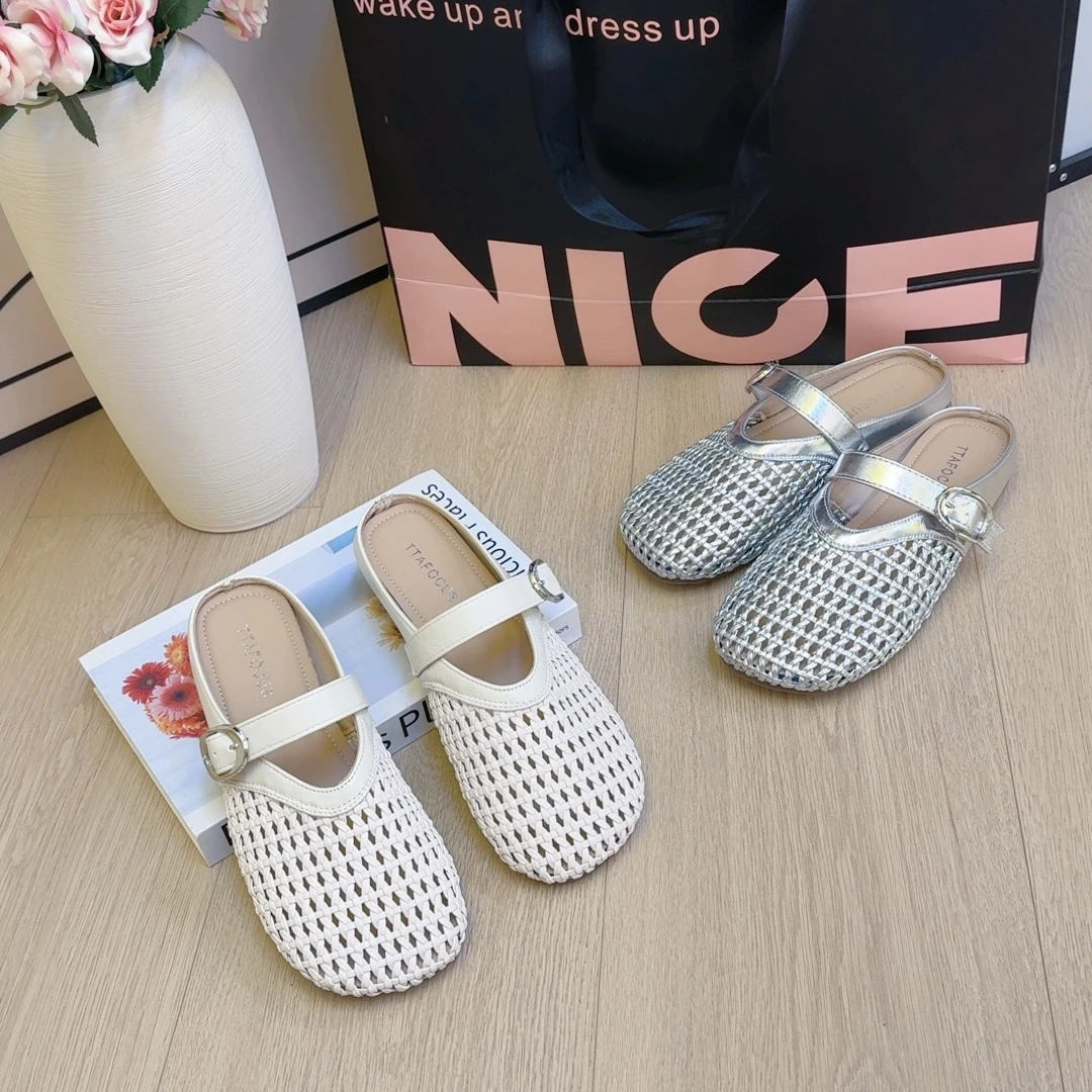 【XINYI】2025镂空编织包头拖鞋女平底透气软底凉拖舒适半拖鞋外穿