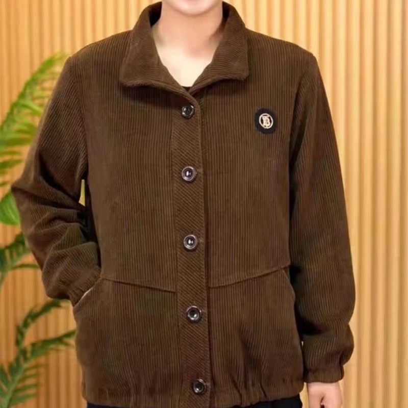 网红妈妈装纯色秋季条绒方领外套宽松遮肚中老年灯芯绒休闲上衣服