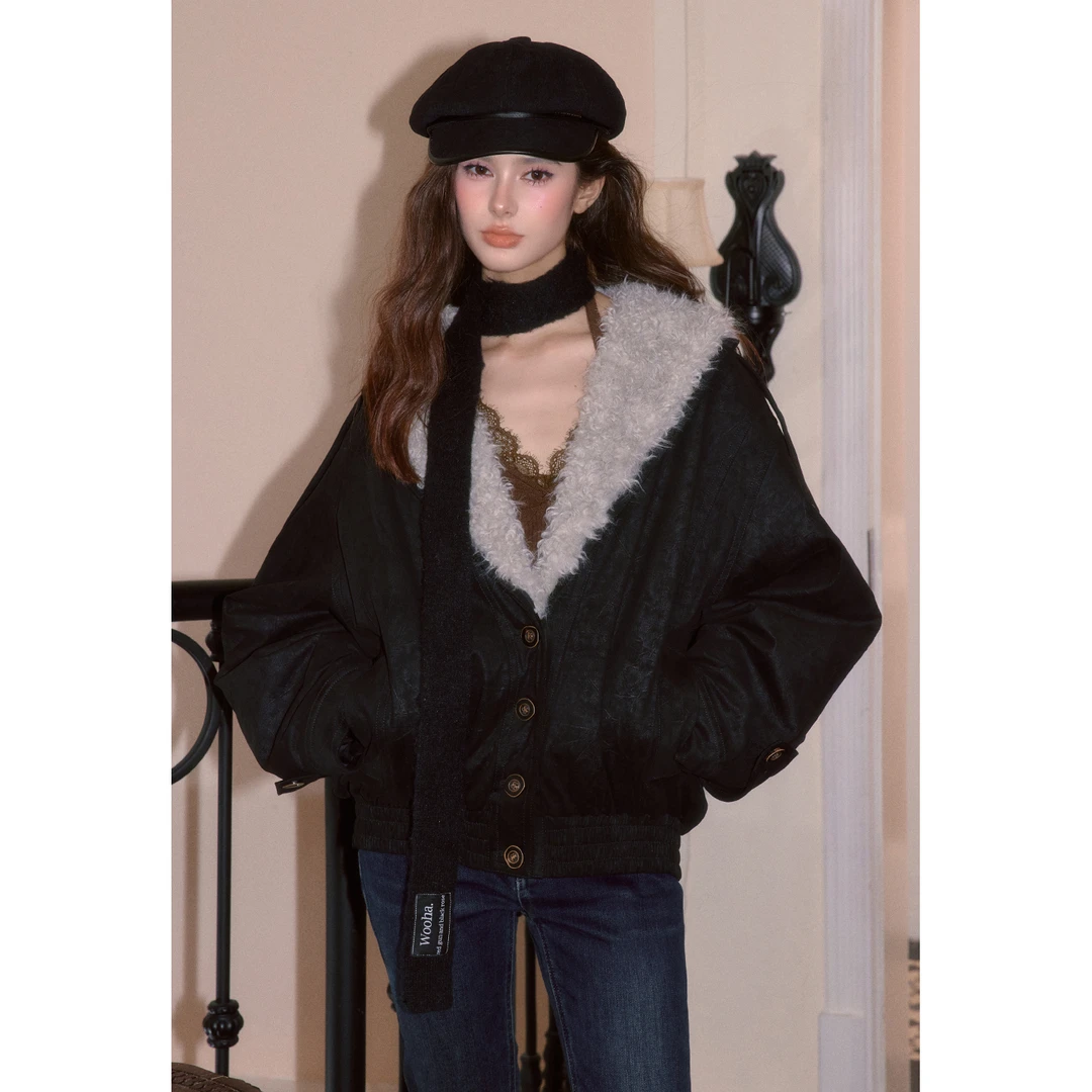 【12.11新品】wooha 吾哈2026冬季新款仿皮草大翻领复古短外套女