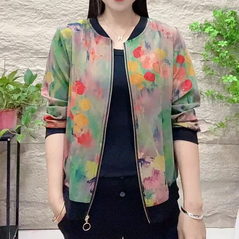 春季新款花色上衣外套女士洋气短款夏季防晒棒球服印花长袖夹克衫