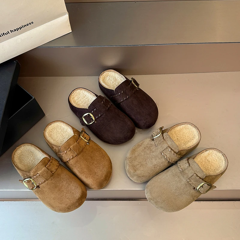 时尚百搭牛反绒皮内增高勃肯鞋2025秋冬季新款包头半拖鞋休闲舒适