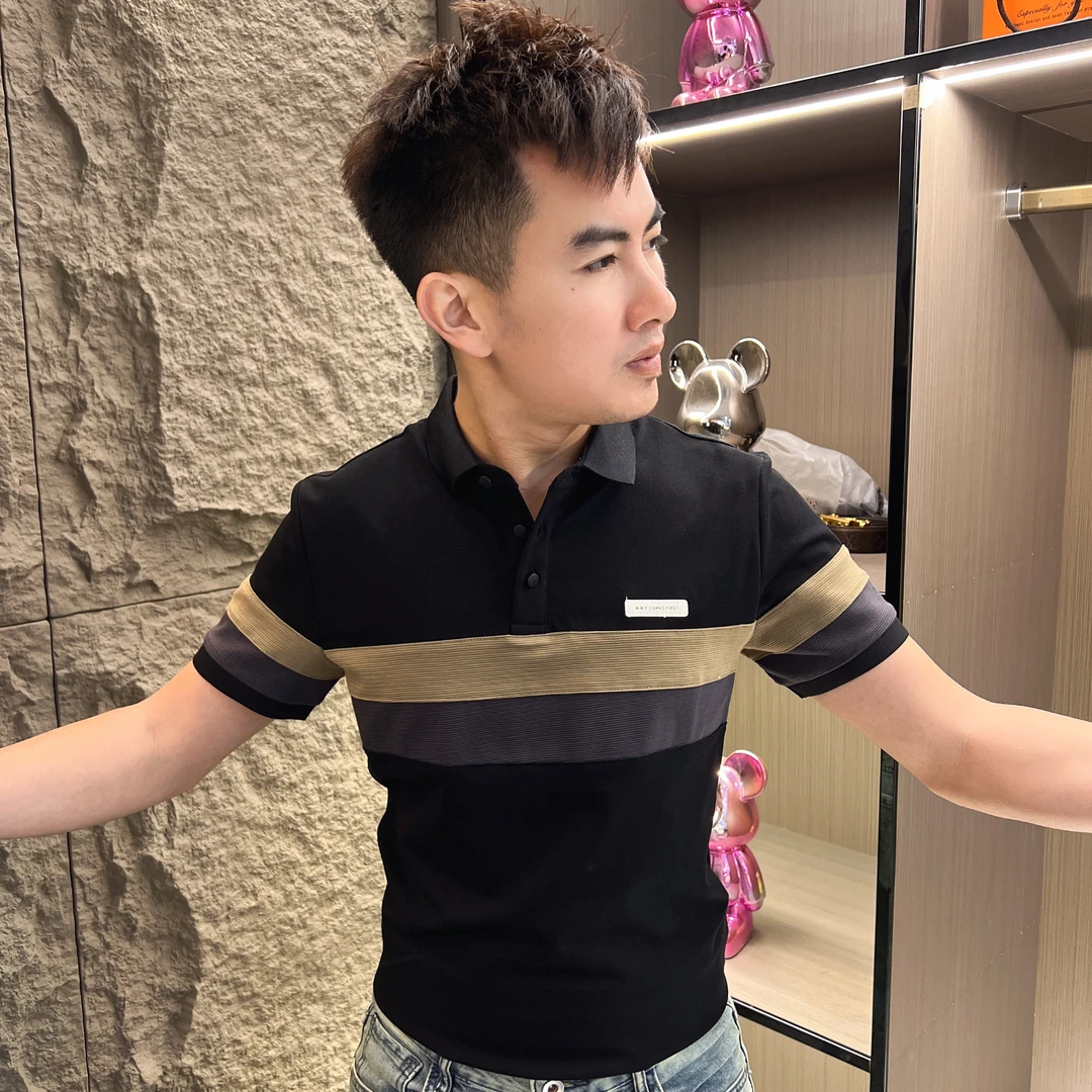 2025夏季新款男士短袖t恤高端个性拼接翻领polo衫上衣潮流-2802#