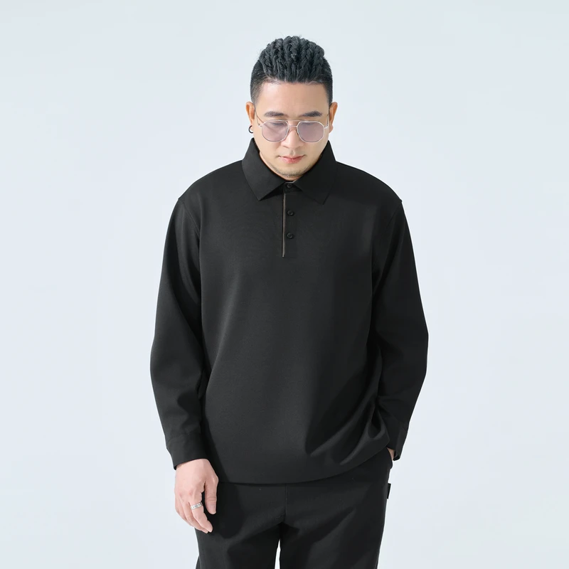 半墨大码男装加绒加厚polo衫男宽松翻领长袖T恤胖子男士内搭0532