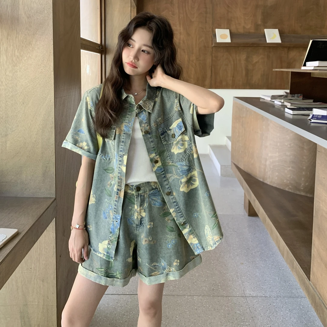 牛仔上衣外套短裤两件套女夏小个子设计感印花宽松港风阔腿裤套装