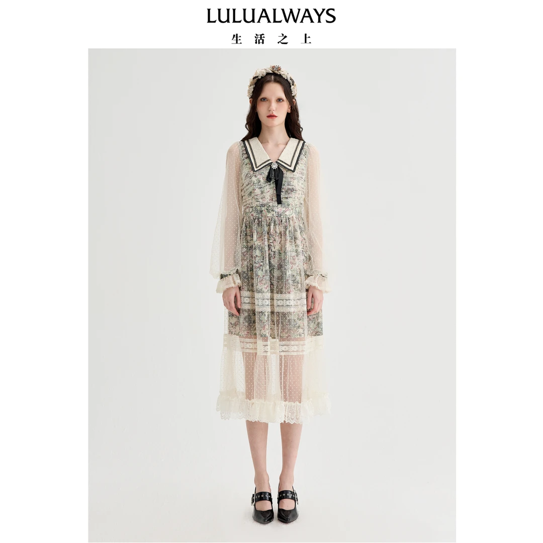 LULUALWAYS【商场同款】25春季新款经典法式温柔欧根纱提花连衣裙