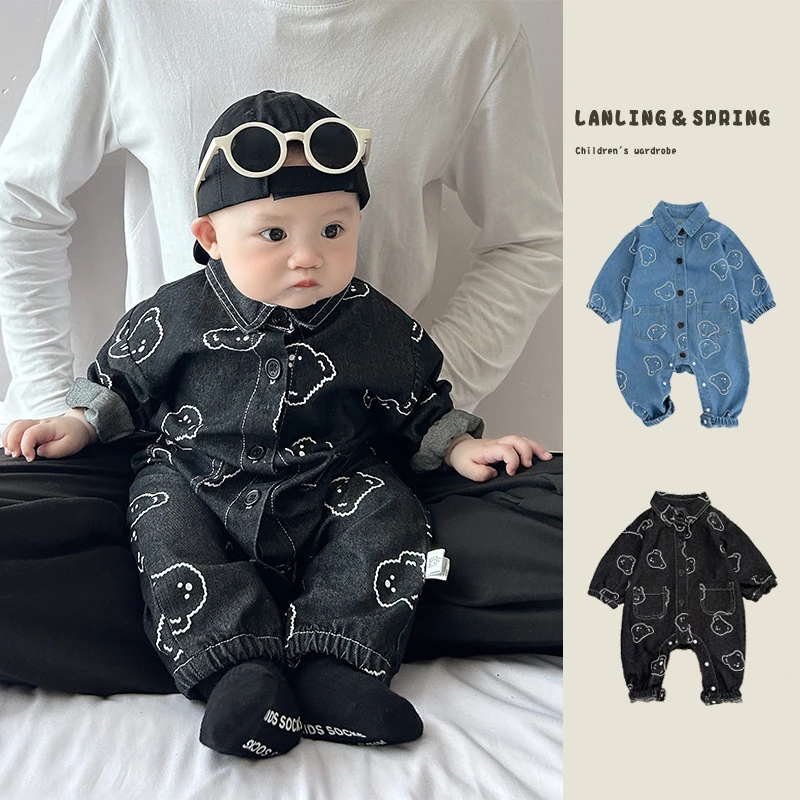 男童潮帅气时髦连体衣韩范小月龄洋气牛仔哈衣宝宝春装可爱外出服