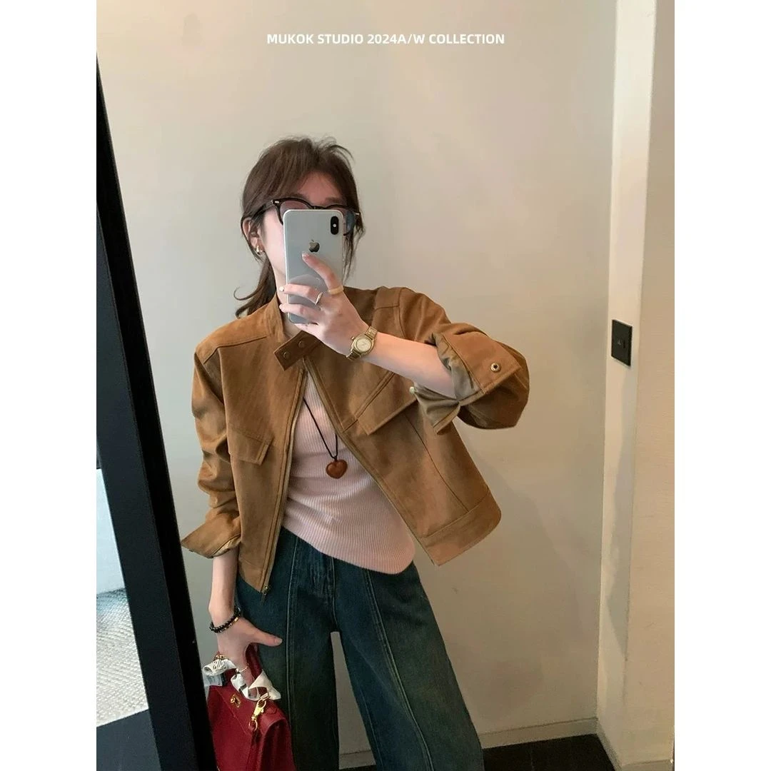 美拉德风咖色短款麂皮绒外套女秋款2025好看高级小众夹克上衣32#