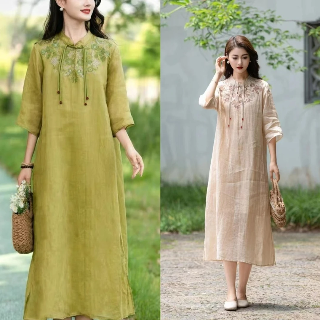 【现货+运费险】新中式国风棉麻连衣裙超仙宽松复古刺绣高端长裙Y90