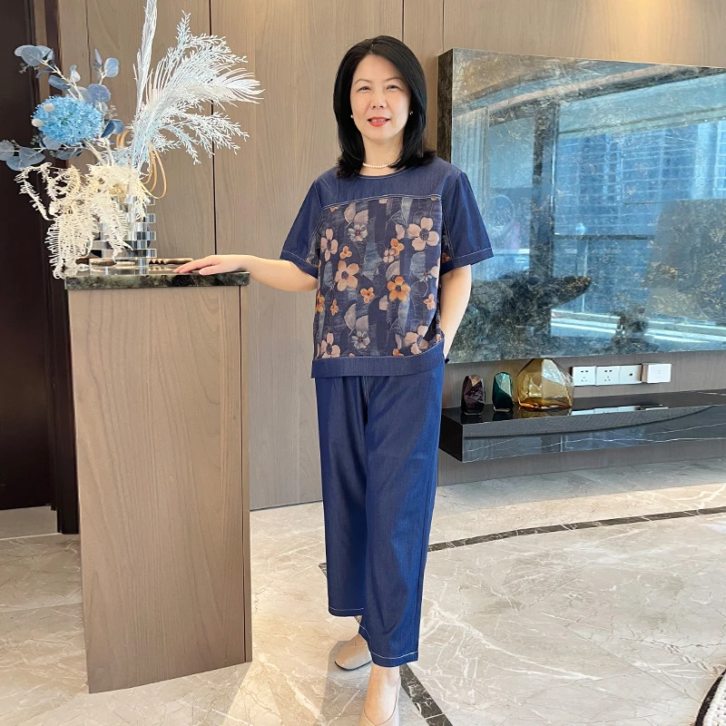 时尚妈妈装拼接印花牛仔两件套休闲舒适夏季上衣裤子2528
