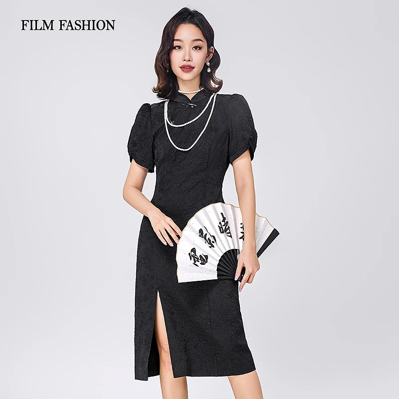 一电影一时装夏季新款新中式改良黑色印花连衣裙女显瘦FFNL122227