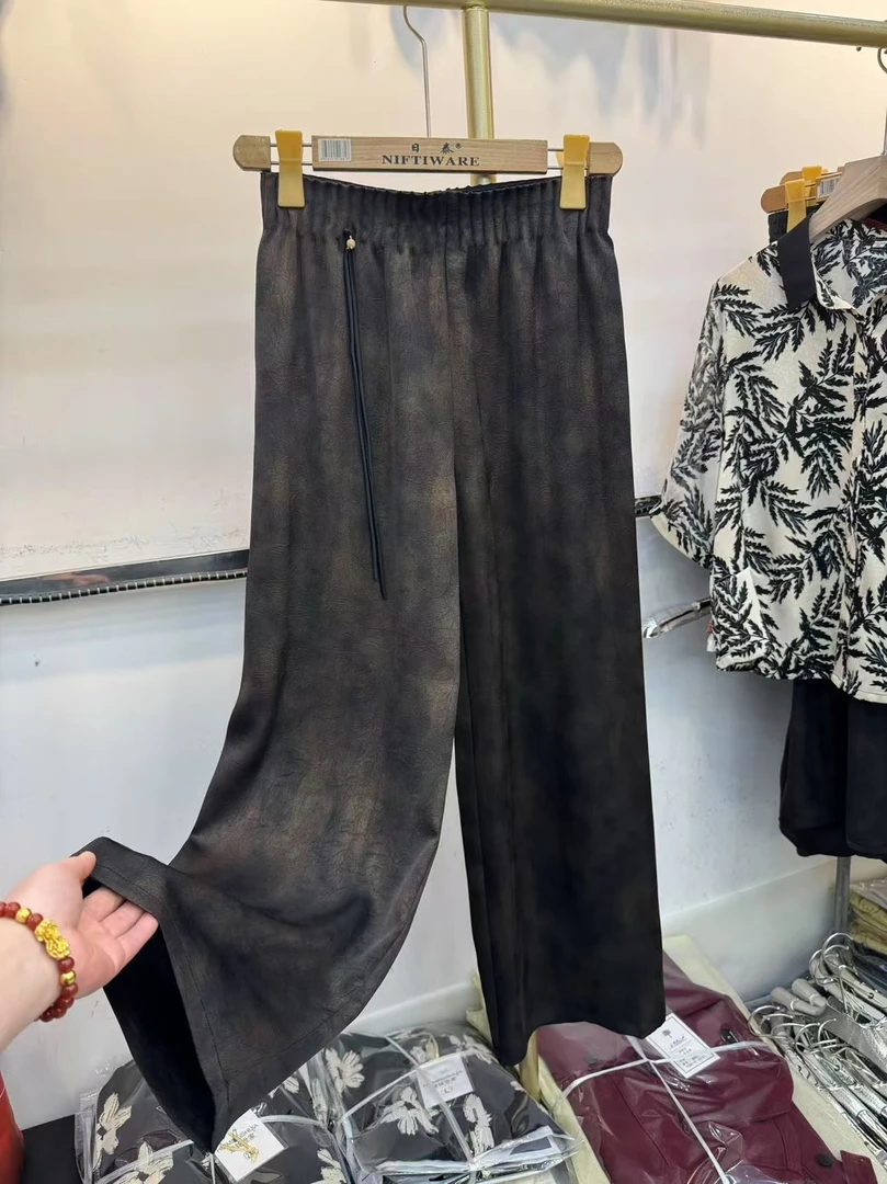 新中式女裤子珠光变色宽松中国风休闲潮流高腰阔腿裤子时尚312